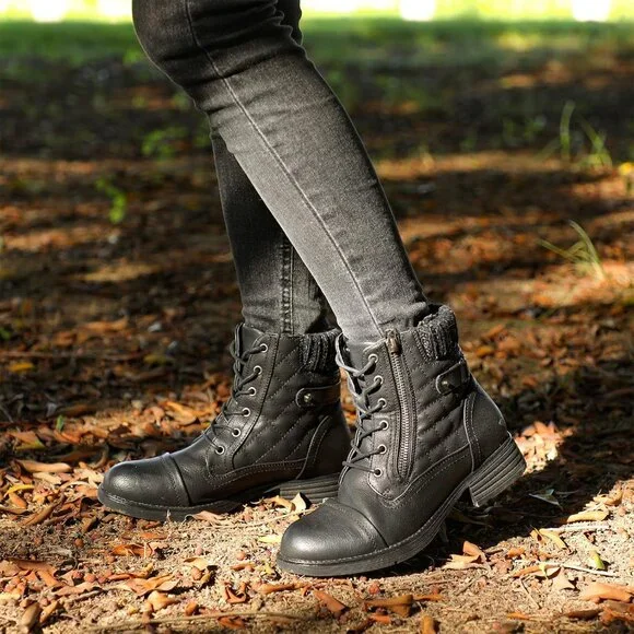 Women's Vegan Faux Leather Combat Booties Ankle Lace Up Rubber Sole
